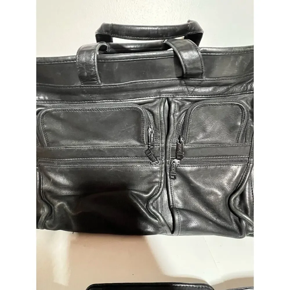 Tumi EUC Black Leather Alpha Expandable Organizer Computer Briefcase Bag Laptop